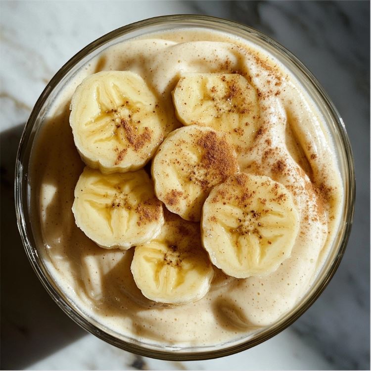 Chocolate Cottage Cheese Banana Pudding topped with banana slices and crushed nuts