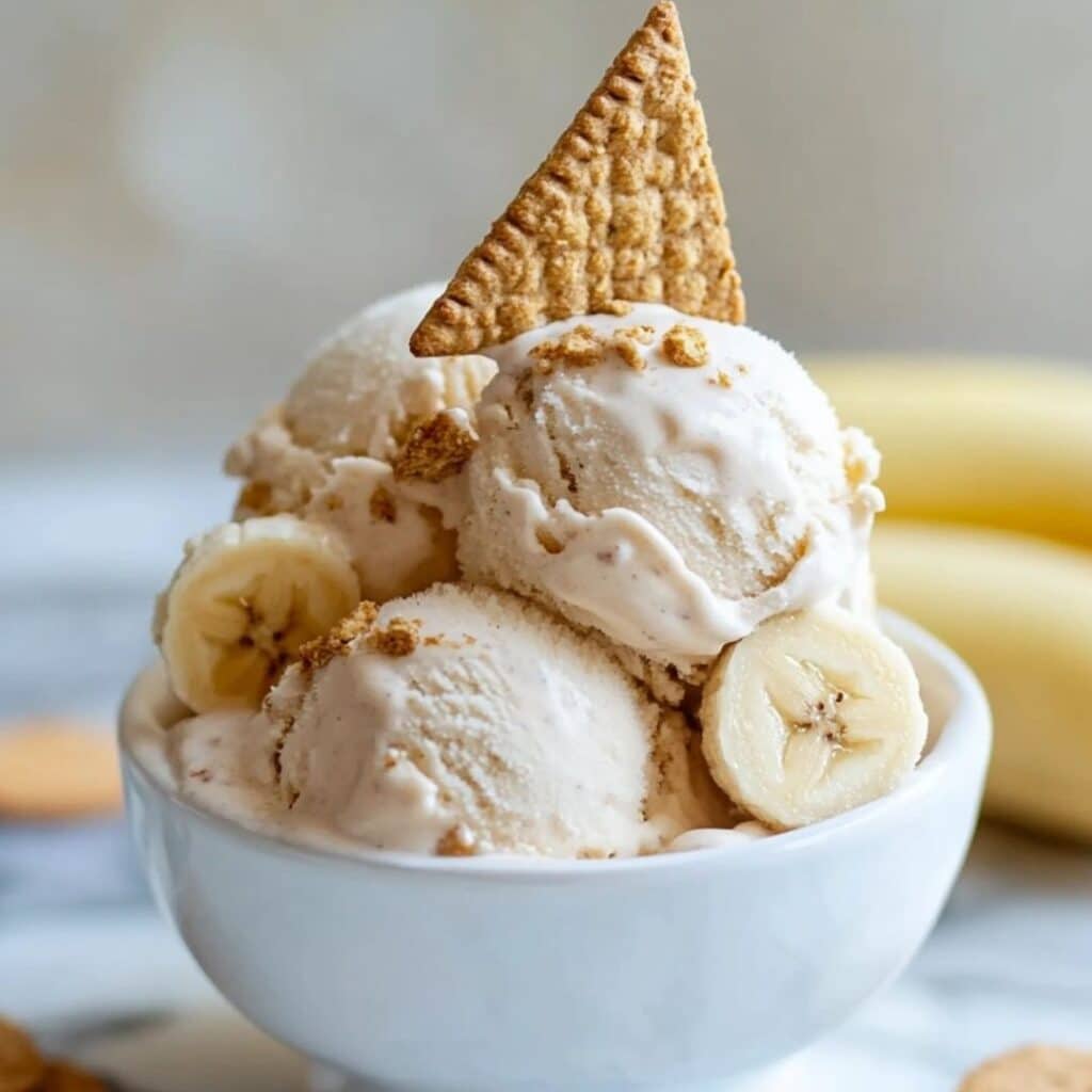 Cottage Cheese Banana Pudding Ice Cream – Creamy scoop in a dessert bowl