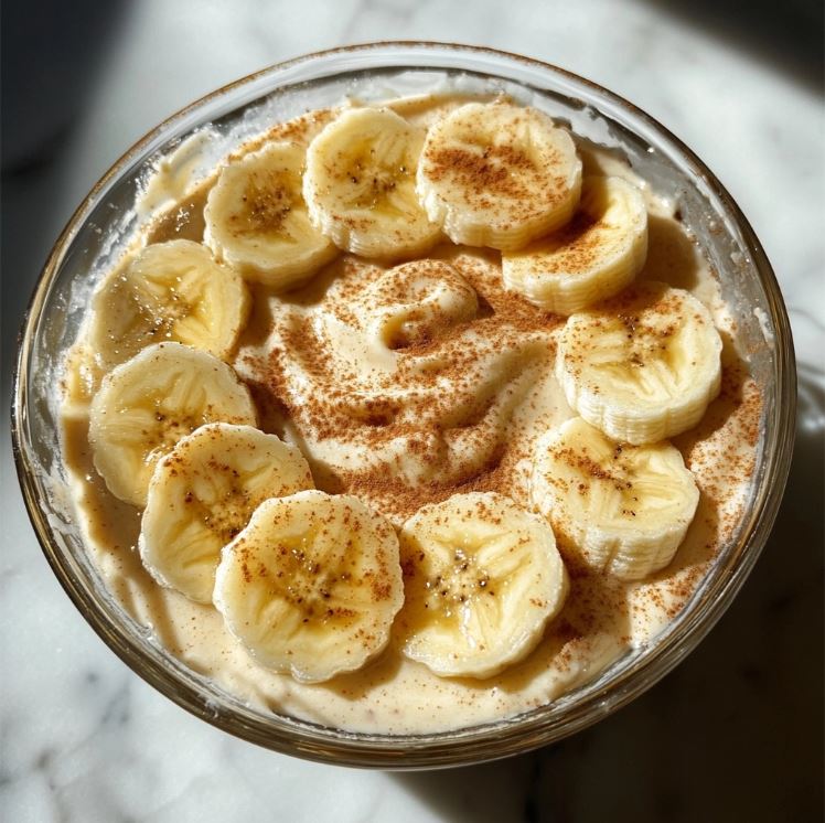 Peanut Butter Cottage Cheese Banana Pudding with crushed peanuts and graham cracker topping